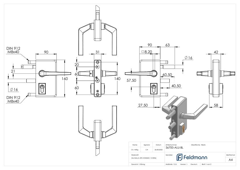 Gittertorschloss GTS 2 für Rohrstärke 40-60mm, Gehäuse blank