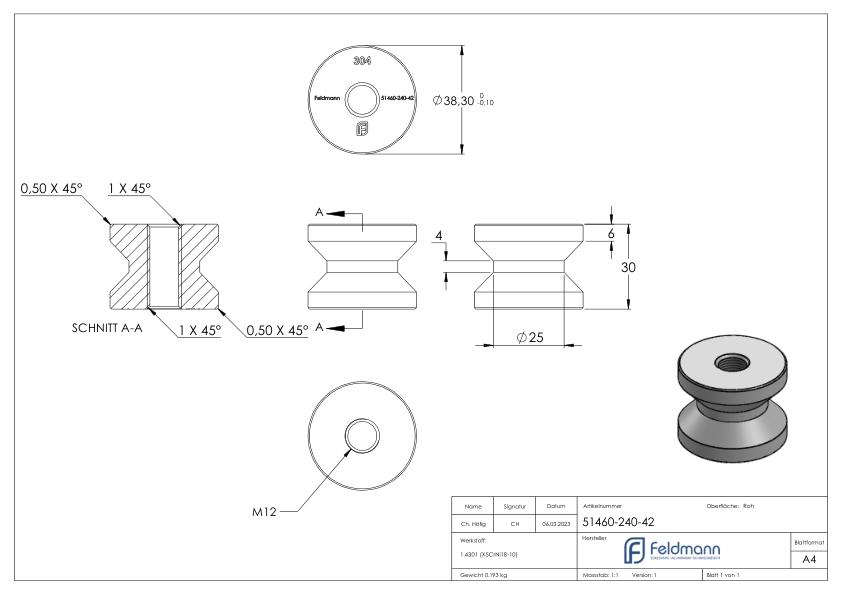 Einschweißgewinde mit M12 Gewinde für Rohr 42,4 x 2,0mm, V2A