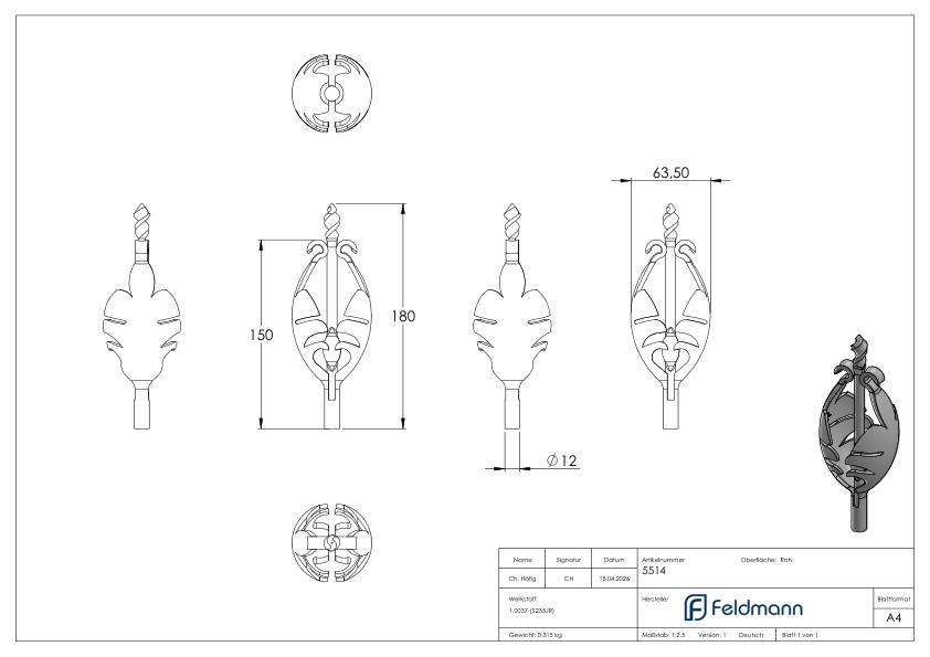 Blattspitze, Ansatz Ø 12mm, 180x65mm