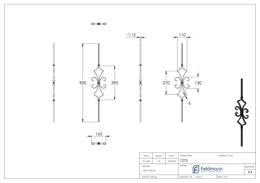 Zierstab 12x12mm, glatt, H: 900mm