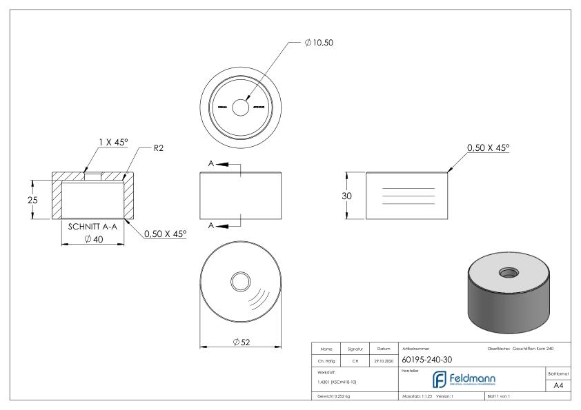 Unterteil Ø 52 mm, mit Durchgangsbohrung , t: 30mm, V2A