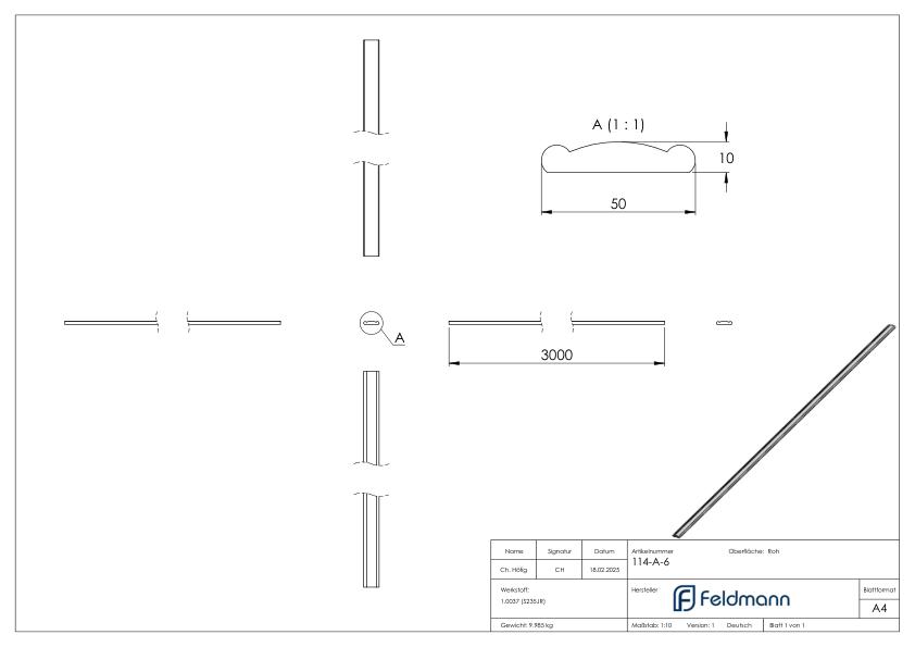 Handlauf 50x10mm, L: 3000mm