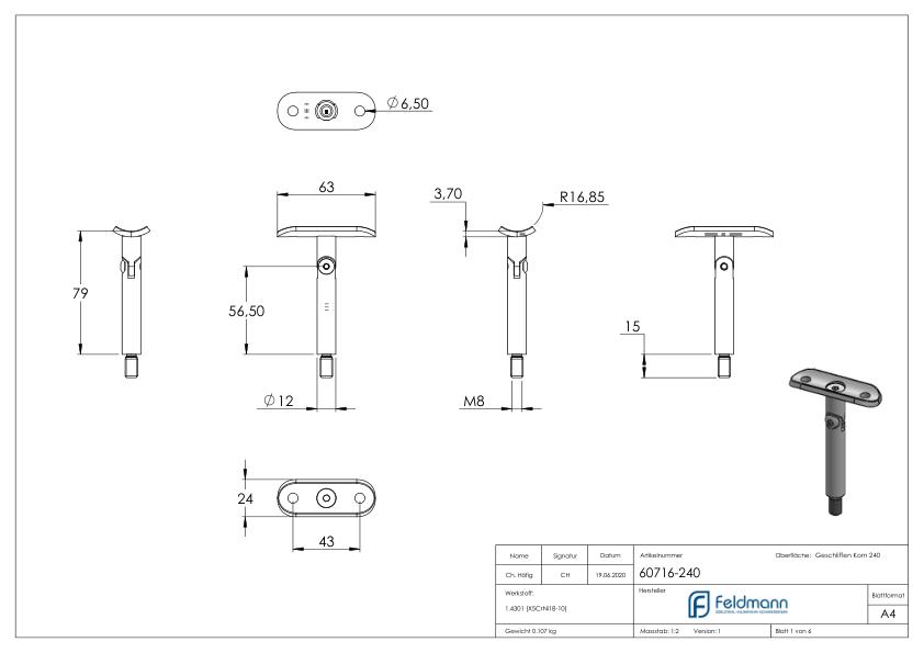 Gelenkstift Ø 12mm mit Handlaufanschlussplatte 33,7mm, V2A Gelenkstift Ø 12mm mit Handlaufanschlussplatte 33,7mm, V2A