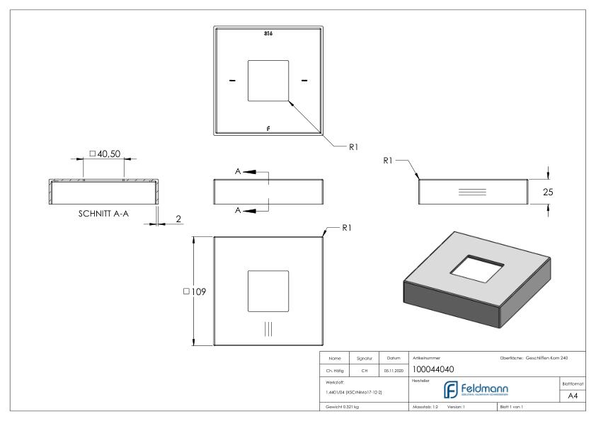 Abdeckrosette, 109x109x25mm, V4A