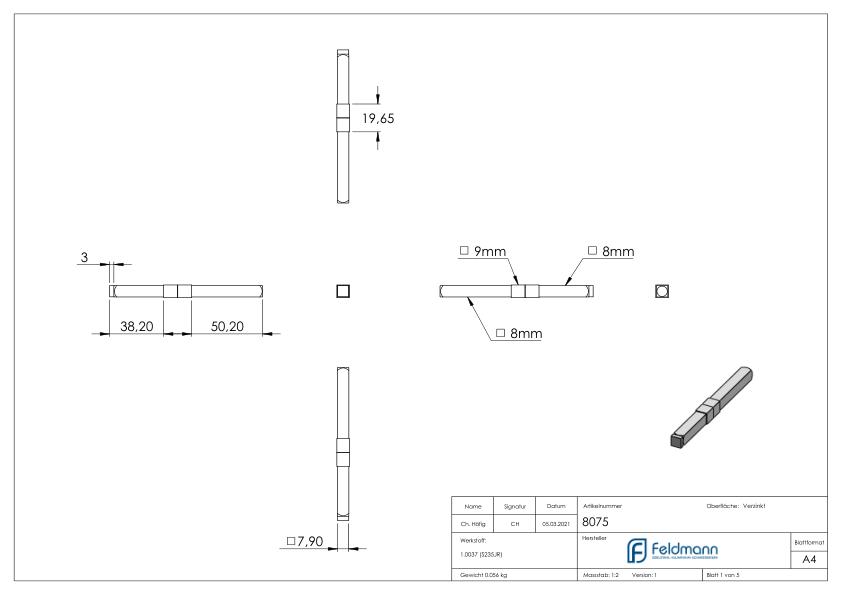 Stift 8 auf 9x105mm geteilt