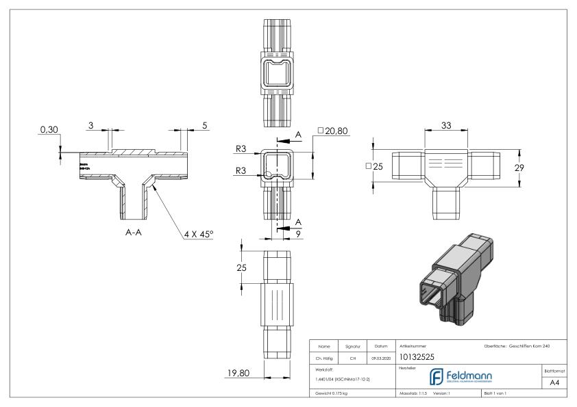 T-Verbinder für Rohr 25x25x2,00mm, V4A