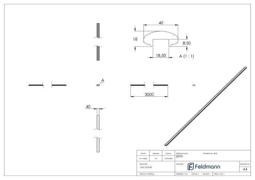 Handlauf 40x18mm mit Nut 18x8mm Länge 3m Handlauf 40x18mm mit Nut 18x8mm Länge 3m