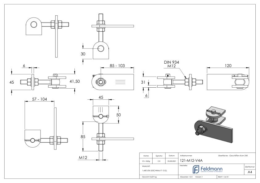 Torband 180° verstellbar, Gewinde M12, V4A Torband 180° verstellbar, Gewinde M12, V4A