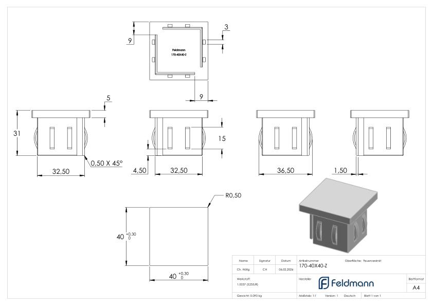 Stahleinschlagkappe, für Quadratrohr 40x40mm, verzinkt