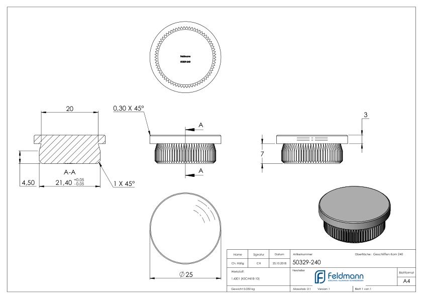 Rohrabschlussstopfen, für Rohr 25,0x2,0mm, V2A