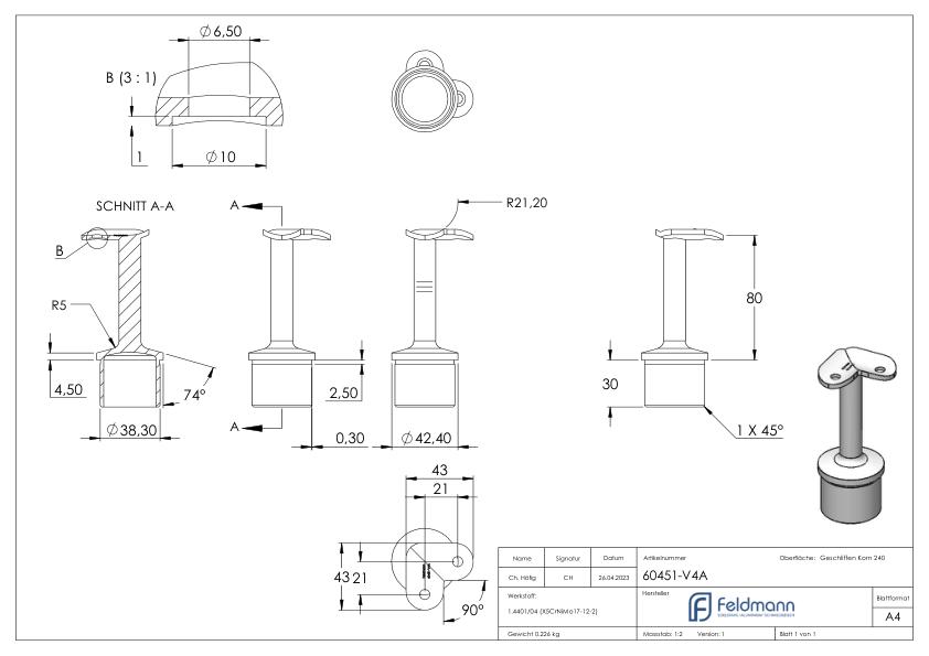 Rohrabschlussstopfen für Rohr 42,4x2,0mm, Handlaufanschlussplatte 90°, V4A
