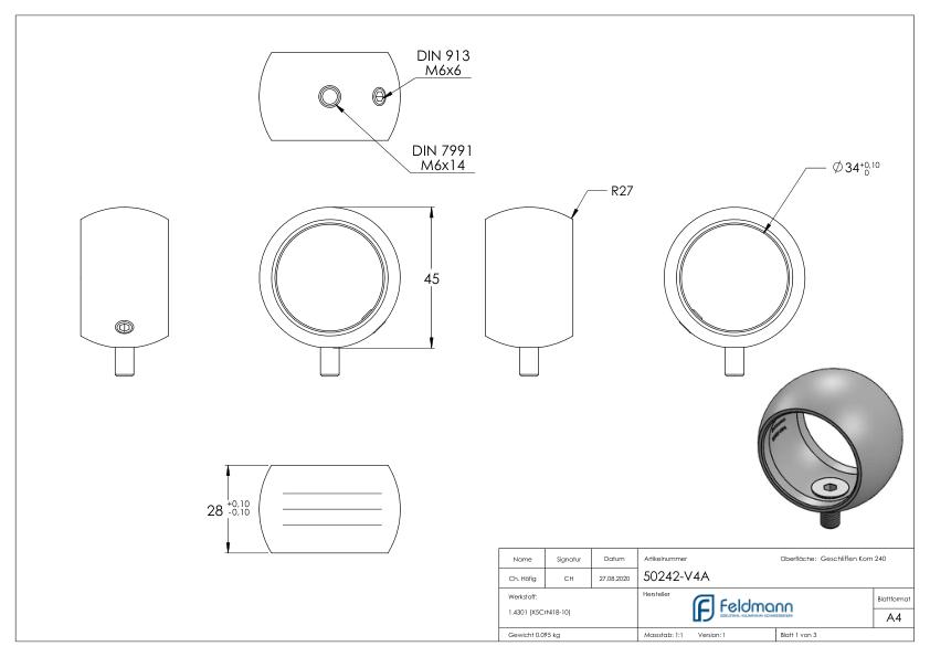 Kugelring für Handlaufhalter, 33,7mm, V4A