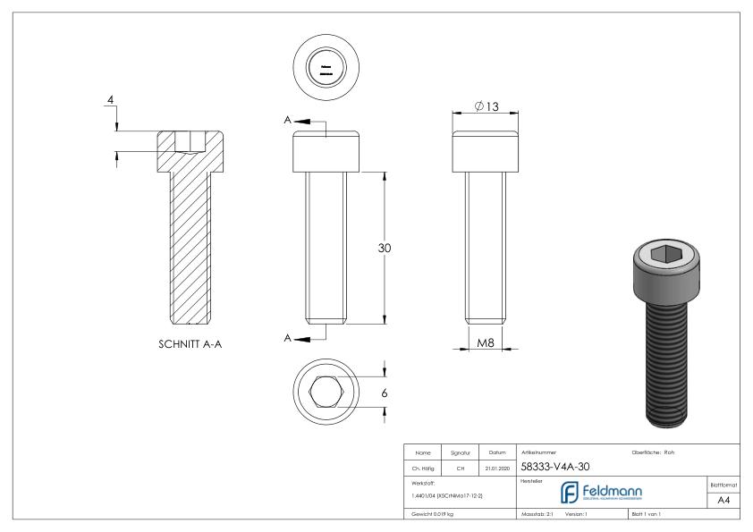 Zylinderkopfschraube M8x30, V4A, DIN 912 Zylinderkopfschraube M8x30, V4A, DIN 912