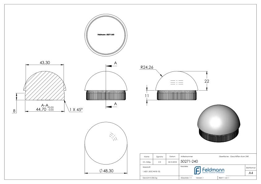Rohrabschlussstopfen, für Rohr 48,3x2,0mm, V2A