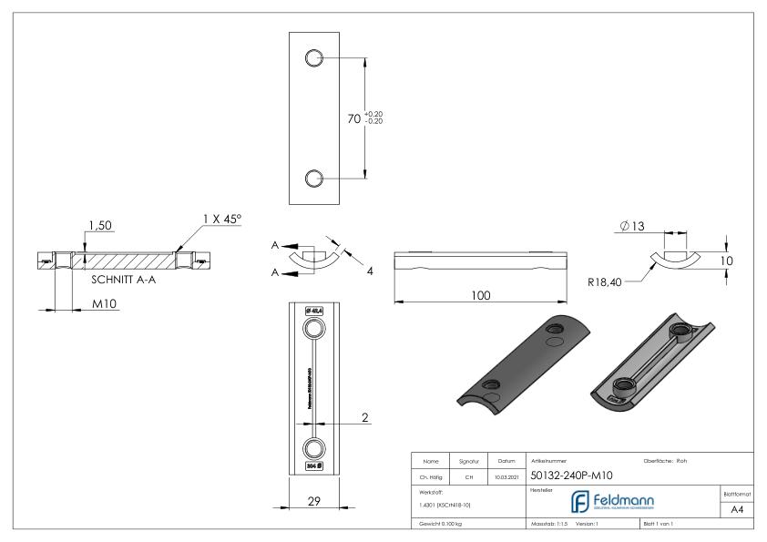 Verstärkungsplatte f Wandbefestigung 50132-240-M10, V2A Verstärkungsplatte f Wandbefestigung 50132-240-M10, V2A