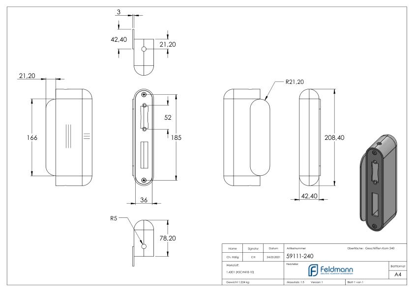 Edelstahlgegenkasten abgerundet für Abstand 72mm, für Schloss # 59103-240,78.2x42.4x208.4mm, V2A Edelstahlgegenkasten abgerundet für Abstand 72mm, für Schloss # 59103-240,78.2x42.4x208.4mm, V2A