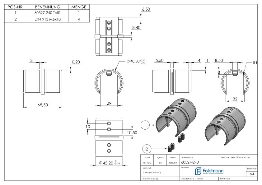 Rohrverbinder für Nutrohr 48,3mm, V2A