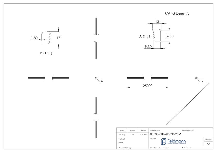 Abschlussdichtung oben, EPDM 80 shore, Länge 25m, schwarz