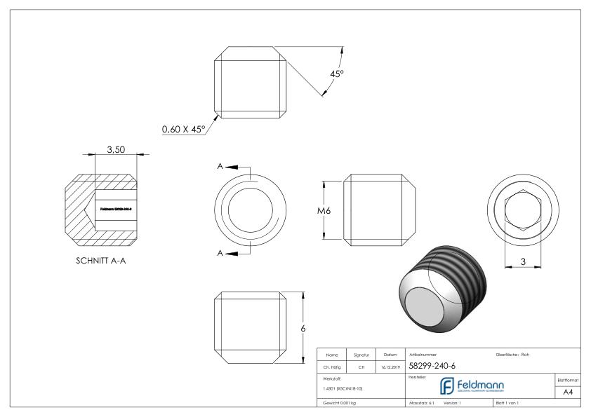 Gewindestift M6 x 6, A2, DIN 913 / ISO 4026 Gewindestift M6 x 6, A2, DIN 913 / ISO 4026