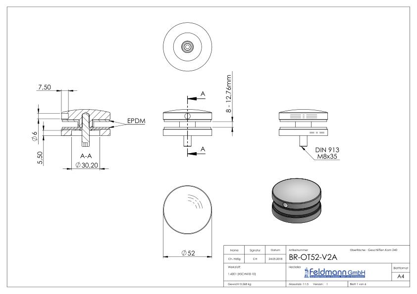 Glaspunkthalter Ø 52 mm, passend zu Brenk-Halter, V2A