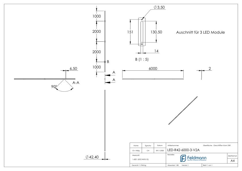 Edelstahlrohr 42,4x2,0mm für LED Module, V2A