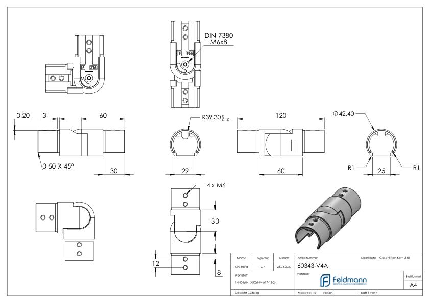 Verbinder flexibel für Nutrohr 42,4mm, V4A