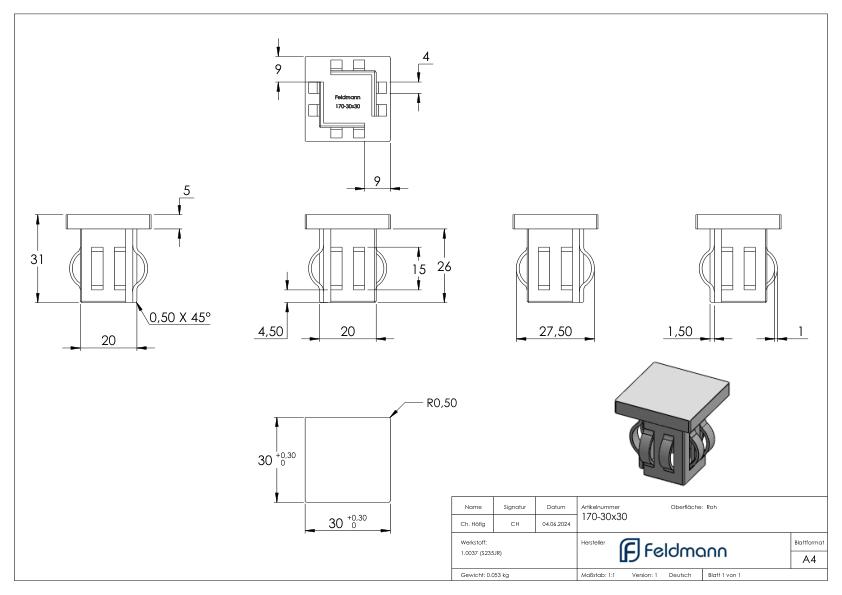 Stahleinschlagkappe, für Quadratrohr 30x30mm
