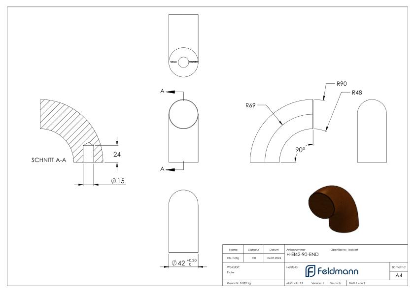 90° Bogen für Holzhandlauf Eiche, Ø 42,4mm