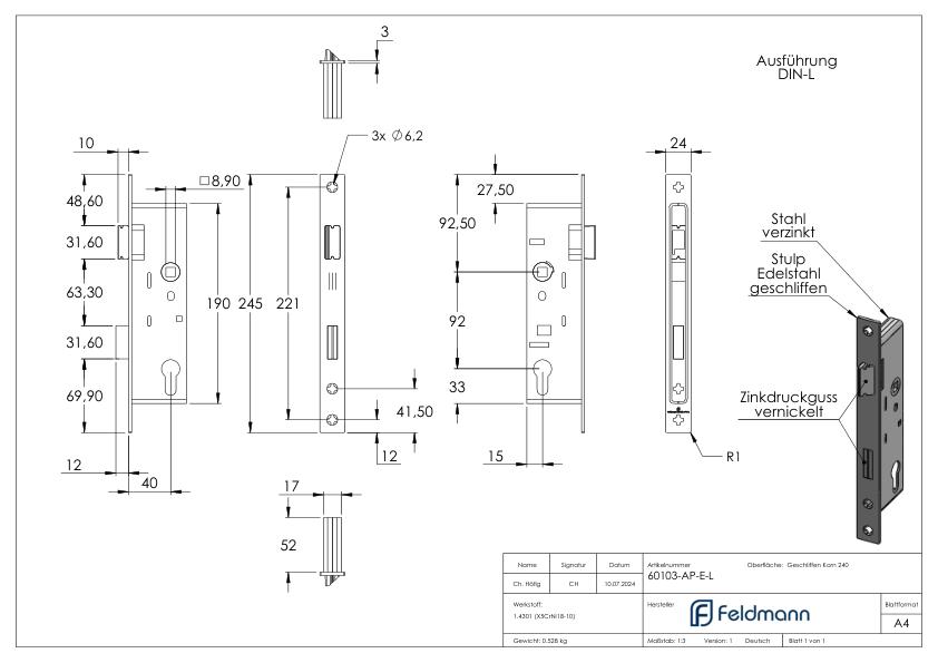 Rohrrahmenschloss verzinkt mit Dornmaß 40mm, mit Anti-Panikfunktion E, DIN links Rohrrahmenschloss verzinkt mit Dornmaß 40mm, mit Anti-Panikfunktion E, DIN links
