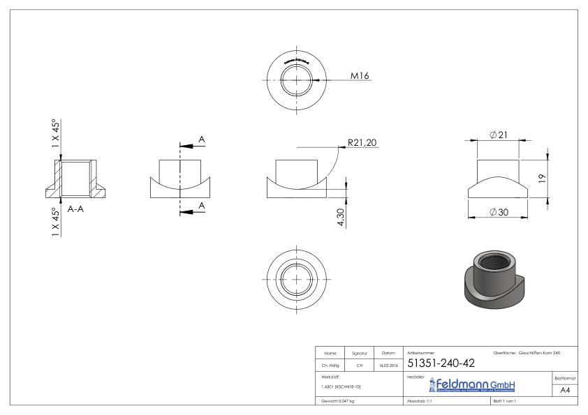 Gewindehülse, passend zu Torband 120-M16-VA, für Rohr 42,4mm, V2A