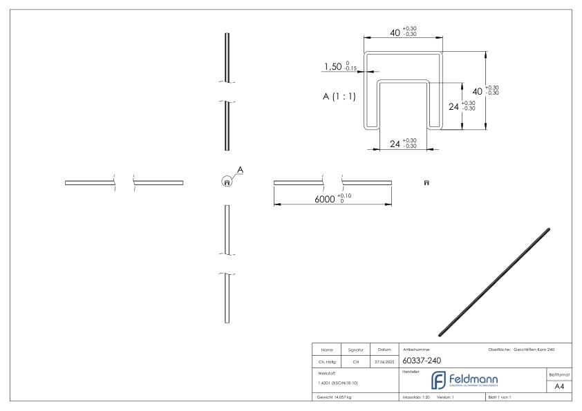 Quadratnutrohr, 40x40x1,5 mm, L: 6000mm, V2A