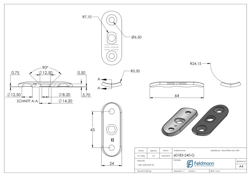 Handlaufanschlussplatte, 48,3mm, Bohrungen gesenkt, V2A