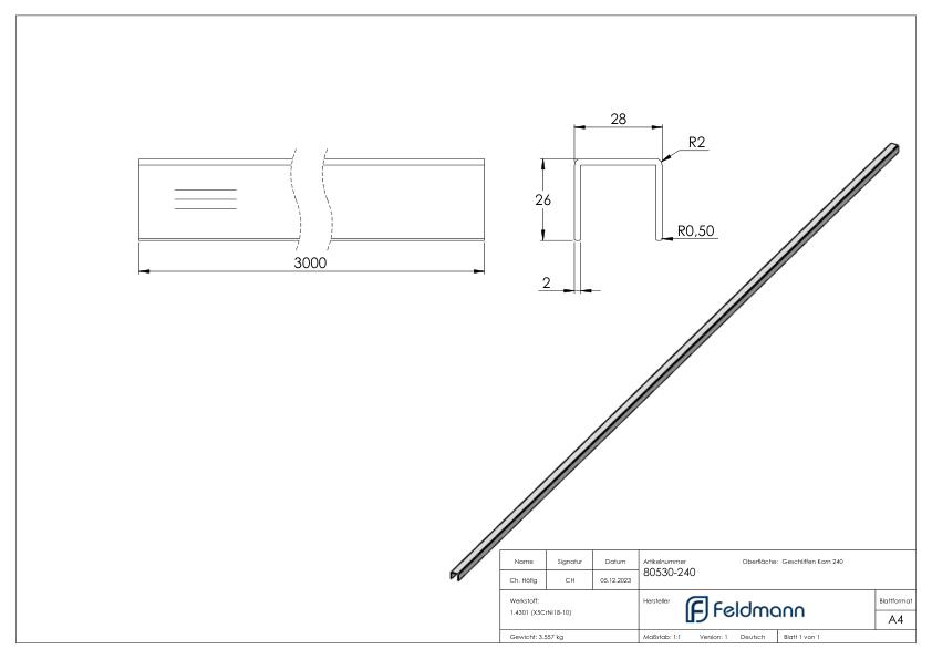 Edelstahl-U-Profil, 28x26x2mm, L: 3000mm, V2A