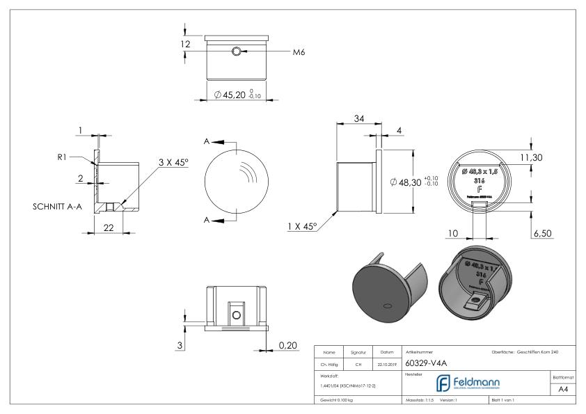 Endkappe, flach, für Nutrohr 48,3mm, V4A