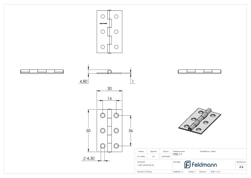 Edelstahl-Scharnier 50x30mm mit festem Zapfen