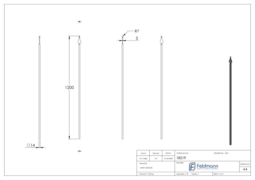 Zaunstab 14x14mm, H: 1200mm, Spitze und Kugel