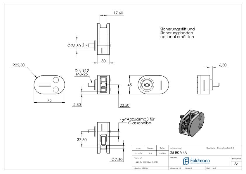 Sichtschutz Endglasklemme Mod. 25, V4A Sichtschutz Endglasklemme Mod. 25, V4A