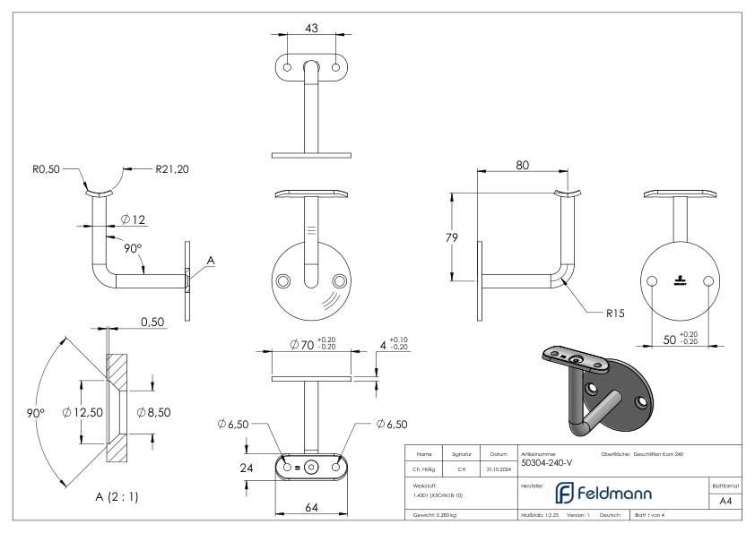 Handlaufhalter mit Handlaufanschlussplatte 42,4mm (Ronde und Bügel verschweißt), V2A