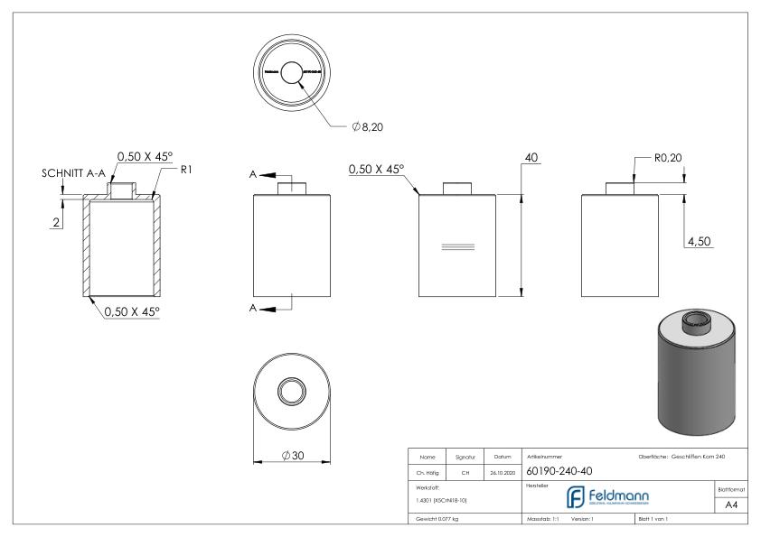 Unterteil Ø 30mm, mit Durchgangsbohrung , t: 40mm, V2A