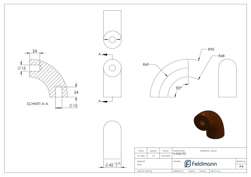 90° Bogen für Holzhandlauf Eiche, Ø 42,4mm