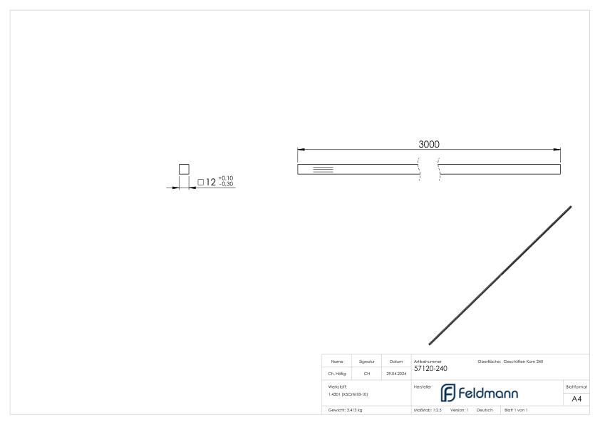 Vierkantmaterial 12x12mm, L: 3000mm, V2A