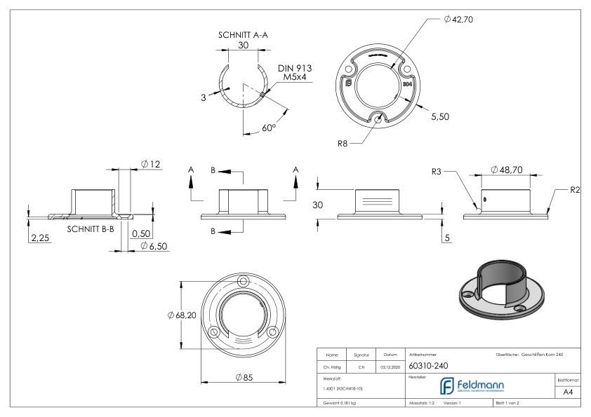 Wandbefestigung für Nutrohr 42,4mm, V2A