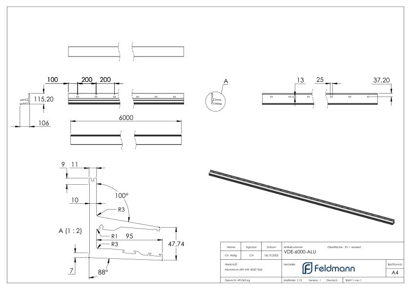 Vordachprofil eleganza canopy, L: 6000mm, E4/EV1 Vordachprofil eleganza canopy, L: 6000mm, E4/EV1