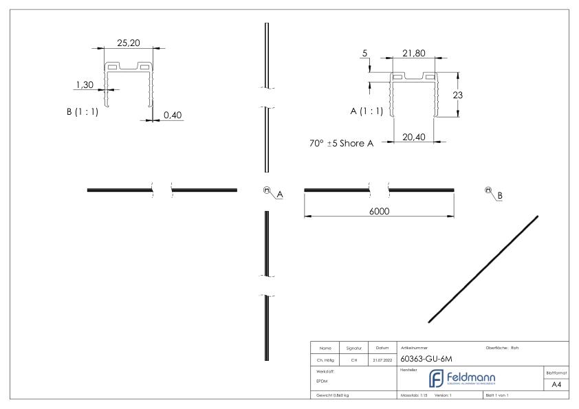 Keildichtung Glas 20,76 – 21,52mm, für Nut 24x24mm, 6m