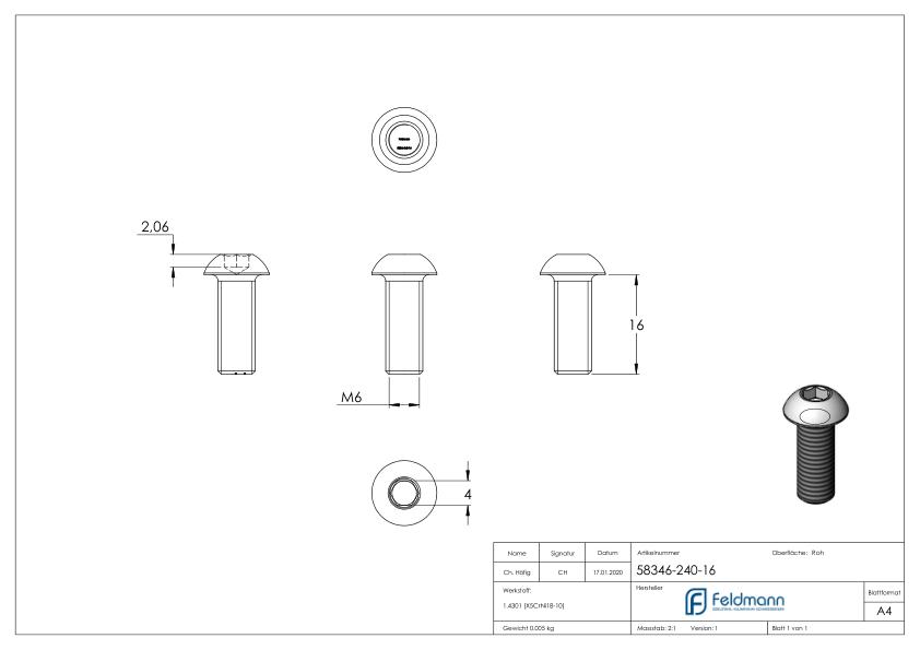 Rundkopfschraube M6x16, V2A, DIN 7380-1 Rundkopfschraube M6x16, V2A, DIN 7380-1
