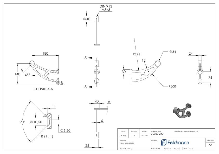 Fußlauf- / Handlaufstütze, für Rohr 33,7mm, V2A