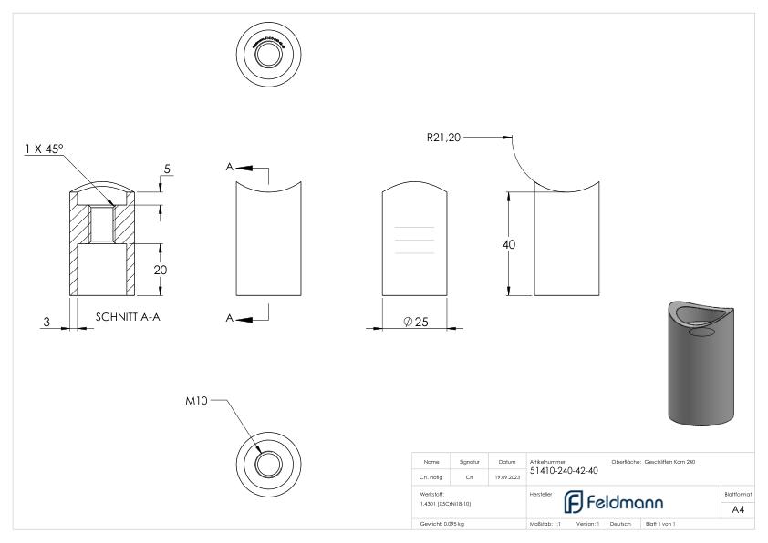 Wandhalter für Rohr 42,4mm, L: 40mm, V2A