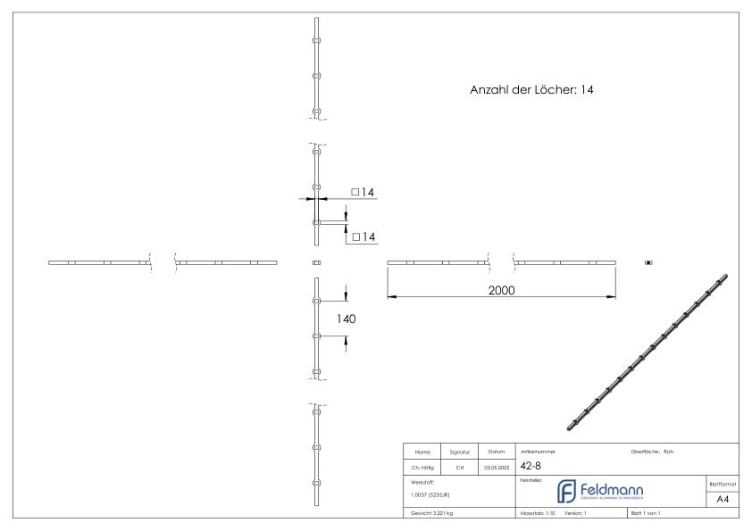 Lochleiste S235JR, 14x14mm, Lochabstand 140mm, 2000mm