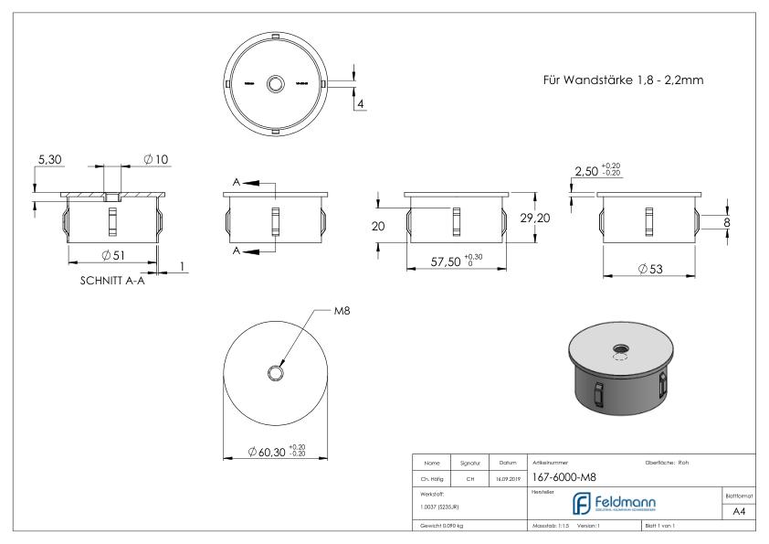 Stahleinschlagkappe, für Rohr 60,3mm