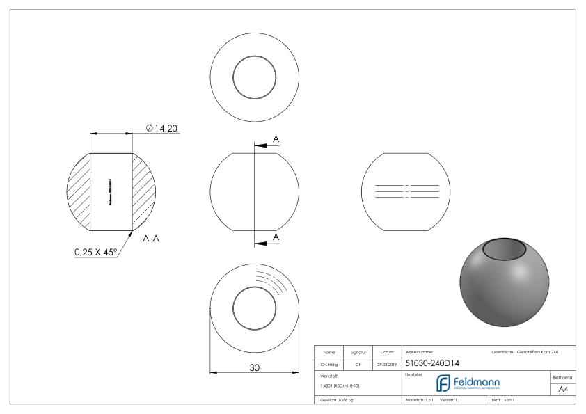 Vollkugel Ø 30mm mit Durchgangsbohrung 14,2mm, V2A